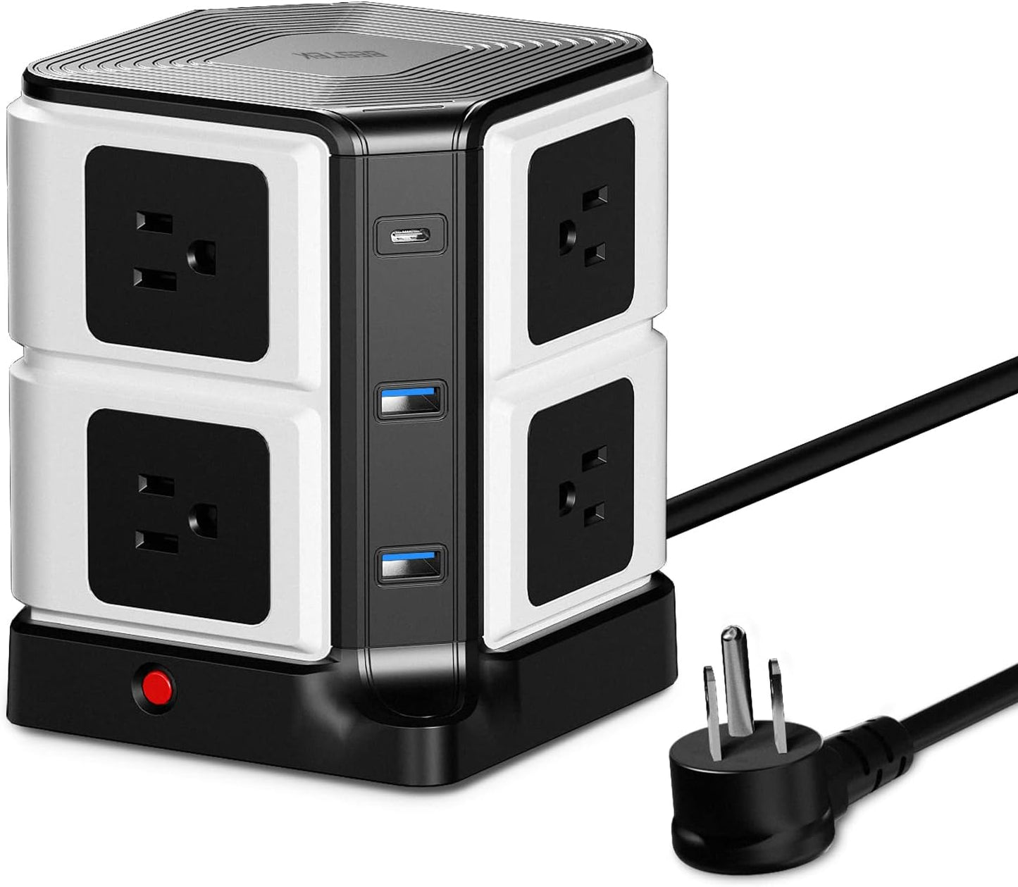 65W Power Strip Tower - 8 Outlets & 2 USB Ports, Surge Protector with 4.9Ft Heavy-Duty Cord for Home Office Charging