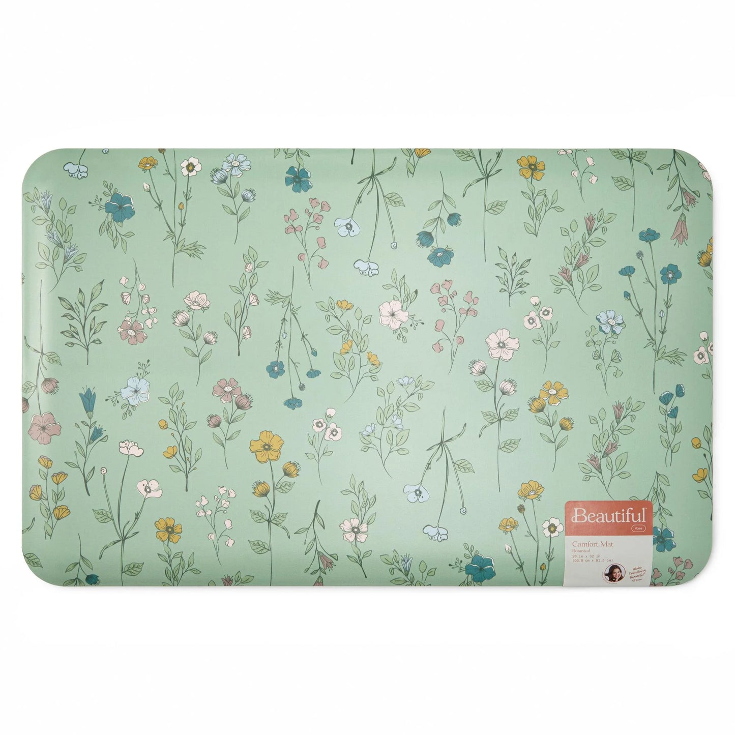 Drew Barrymore's Ditsy Botanical Comfort Mat - Stylish Green Design, 32"W x 20"L