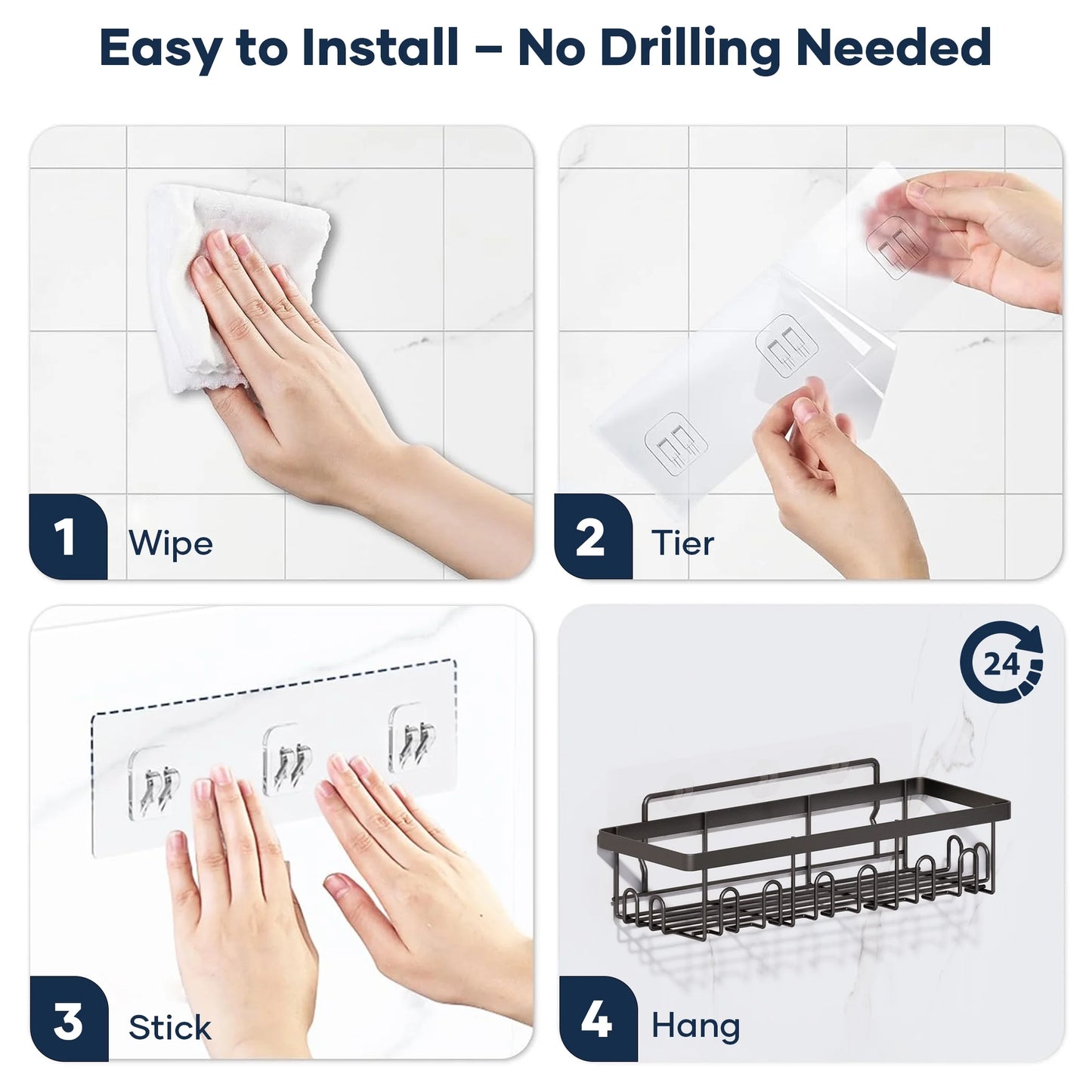 6-Pack Adhesive Shower Caddy - No-Drill Wall Mounted Organizer with Soap Holder, Large Capacity for Bathroom & Kitchen Storage - Sleek Black Design