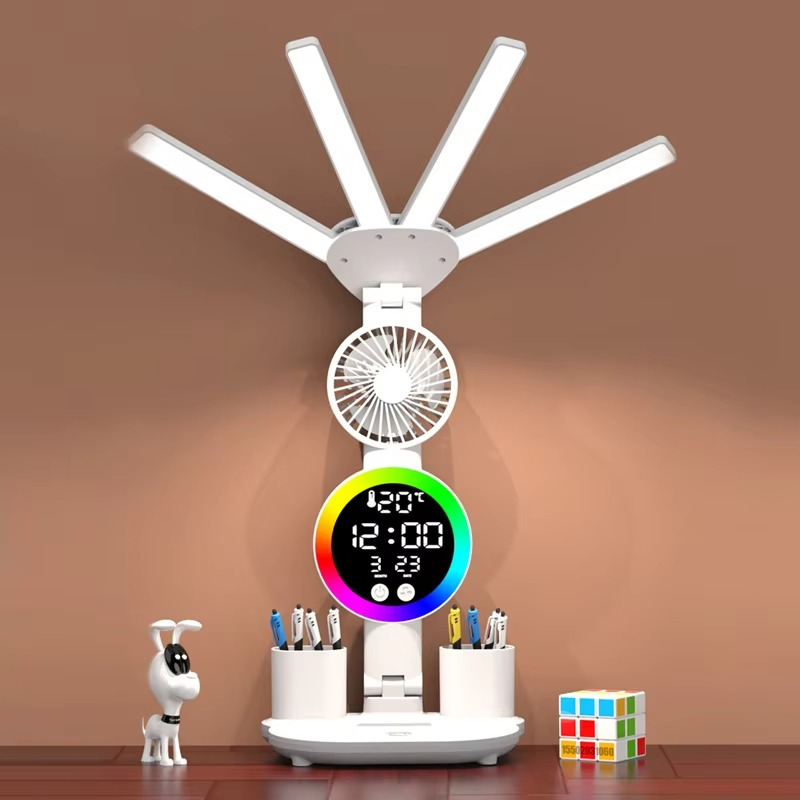 Aurora 4-Head LED Desk Lamp with Digital Clock, Fan & Pen Holder | Foldable Eye-Care Reading Light