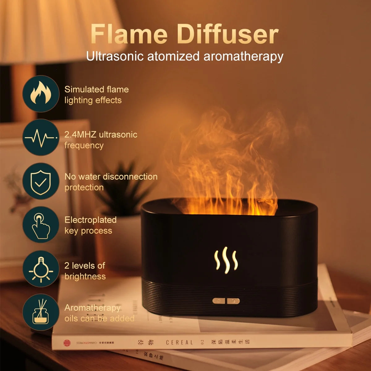 Ultrasonic Cool Mist Humidifier with 7 Color Flame Lights & Essential Oil Diffuser - Perfect for Any Room, White