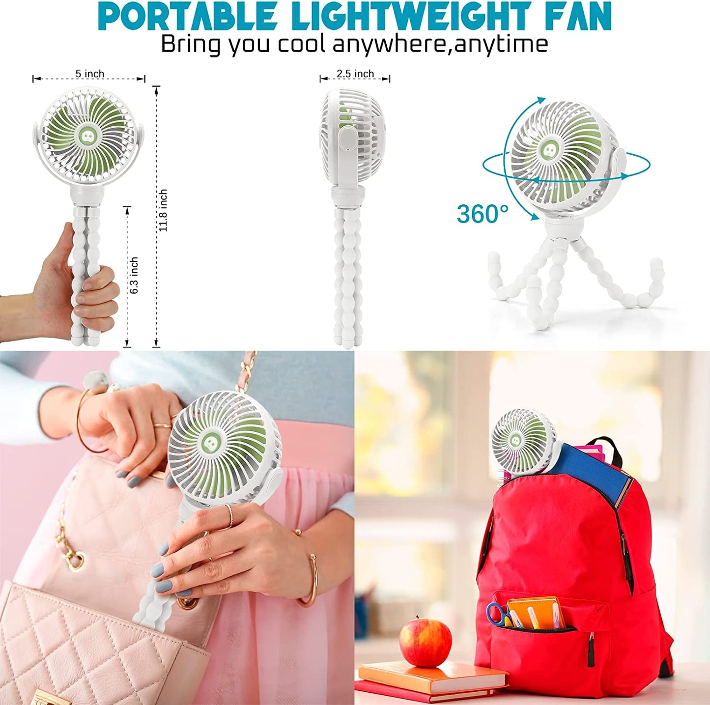 360° Portable Baby Stroller Fan - Rechargeable Mini Clip-On with Flexible Tripod, 4000mAh Battery for Travel, Crib, and Car Seat (White)