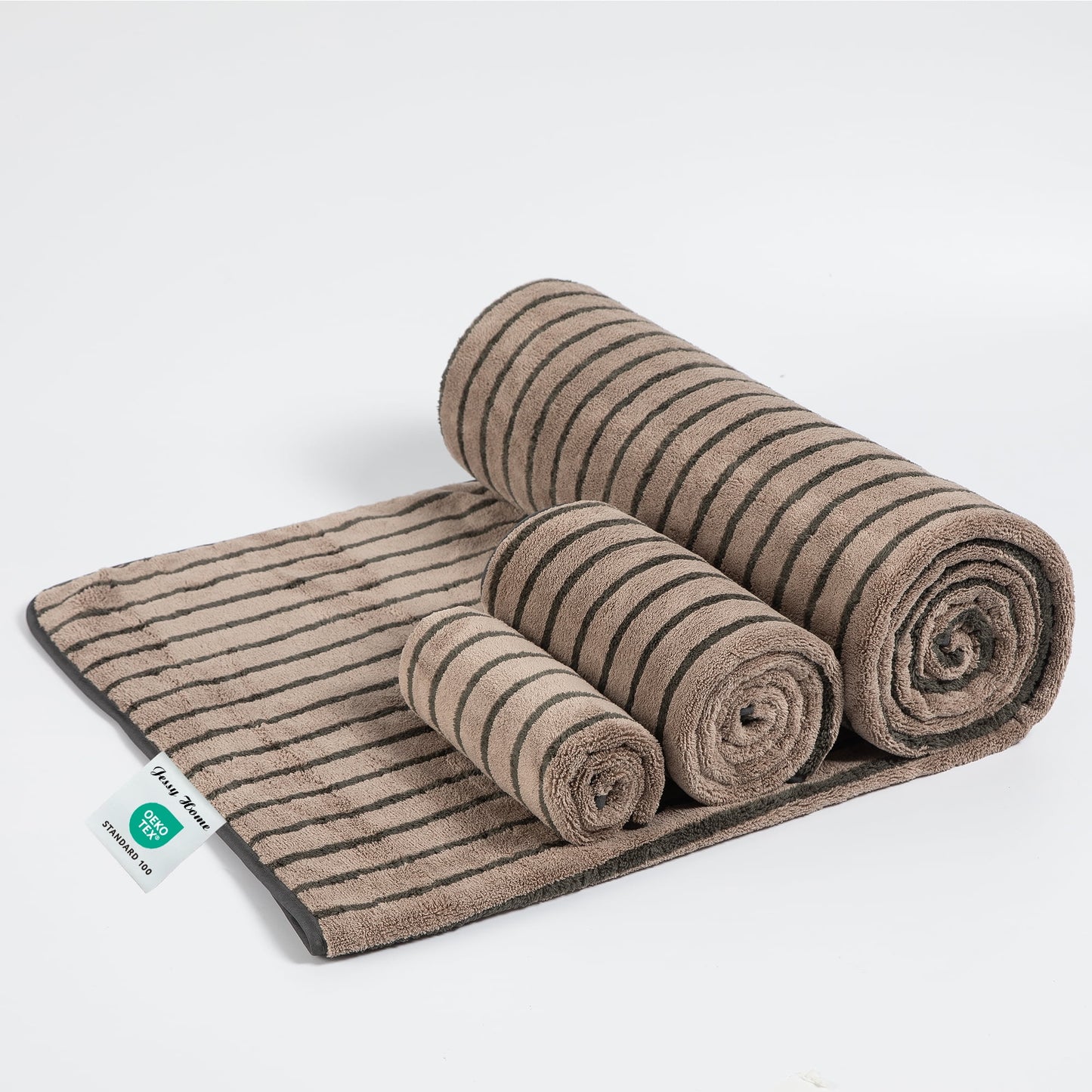 Luxurious 8-Piece Dark Brown Bicolor Stripe Bath Towel Set - Includes Oversized Towels, Hand Towels, and Washcloths