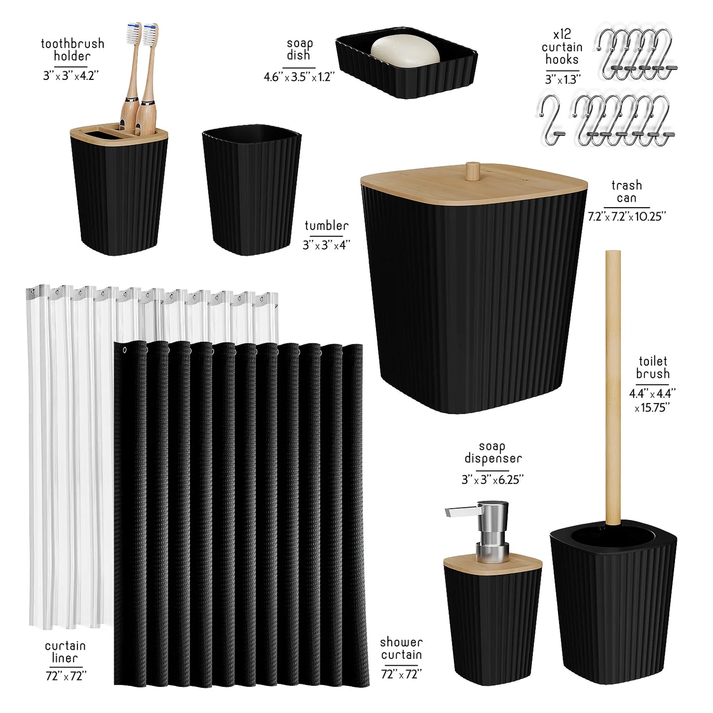 Elevate Your Bathroom with  20-Piece Black Bamboo Accessory Set & Stylish Shower Curtain