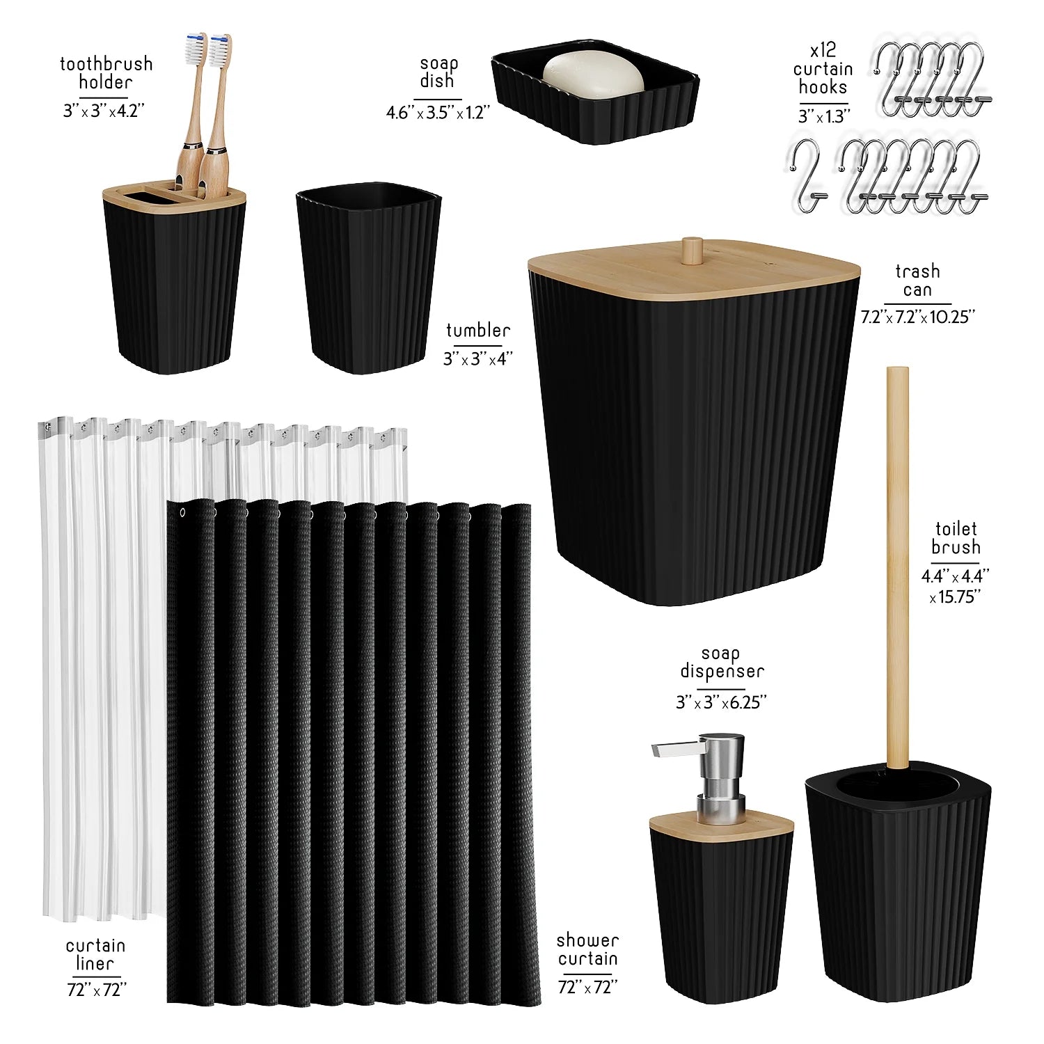 Elevate Your Bathroom with  20-Piece Black Bamboo Accessory Set & Stylish Shower Curtain