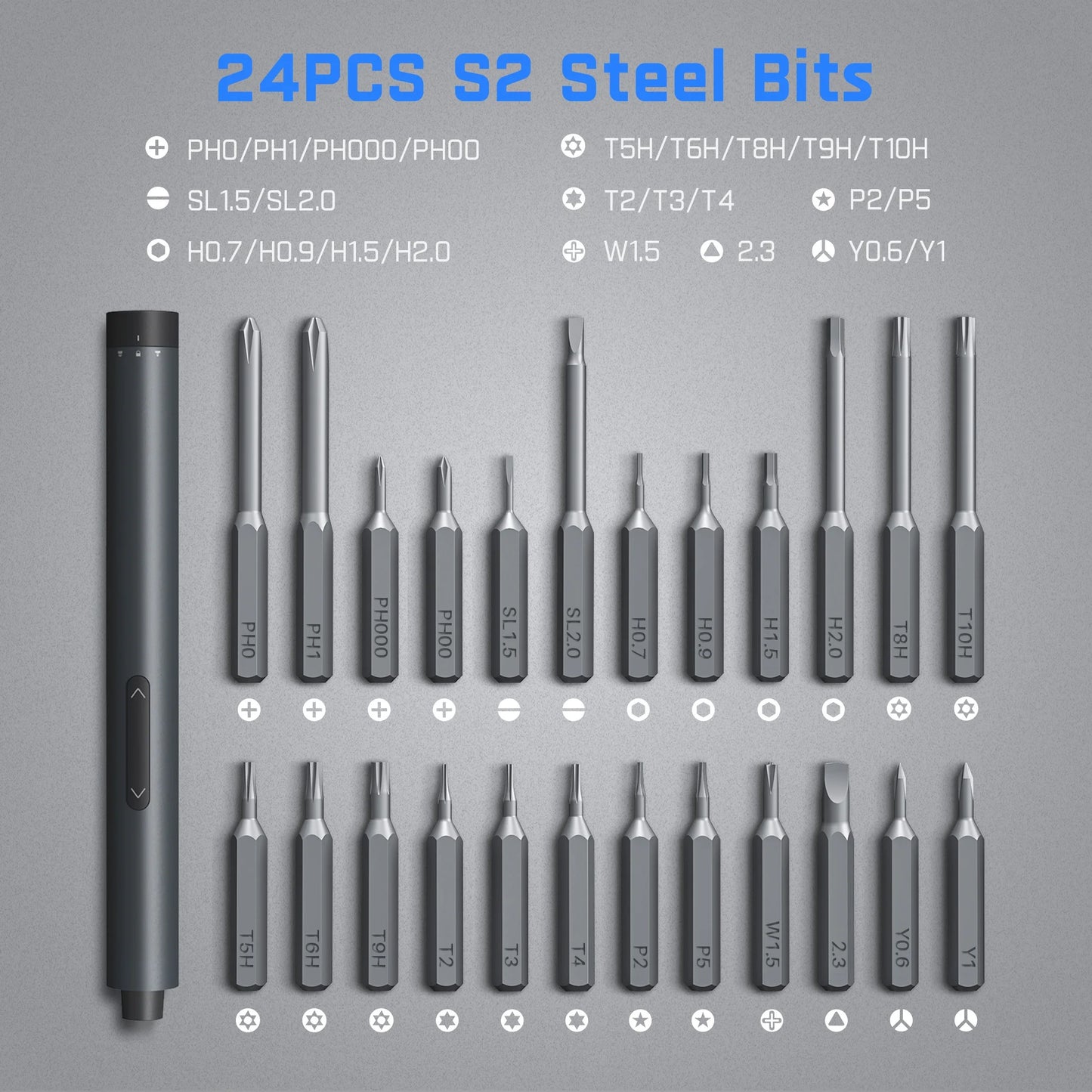 E1 Pro Cordless Electric Screwdriver Kit - 3.7V, 3 N.M Torque, 24 Magnetic Bits, Quick-Charge Battery & Magnetic Holder - Perfect for Electronics Repair (Phones, Laptops, Watches)