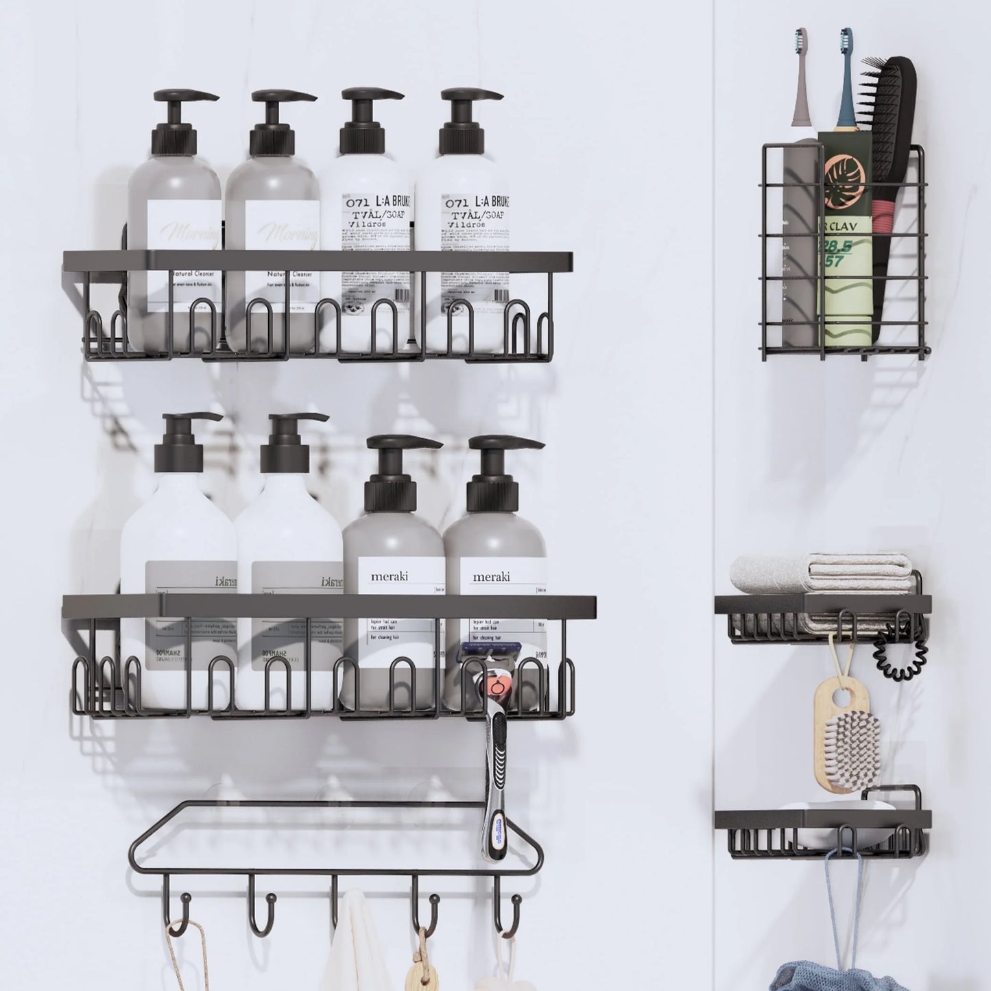 6-Pack Adhesive Shower Caddy - No-Drill Wall Mounted Organizer with Soap Holder, Large Capacity for Bathroom & Kitchen Storage - Sleek Black Design