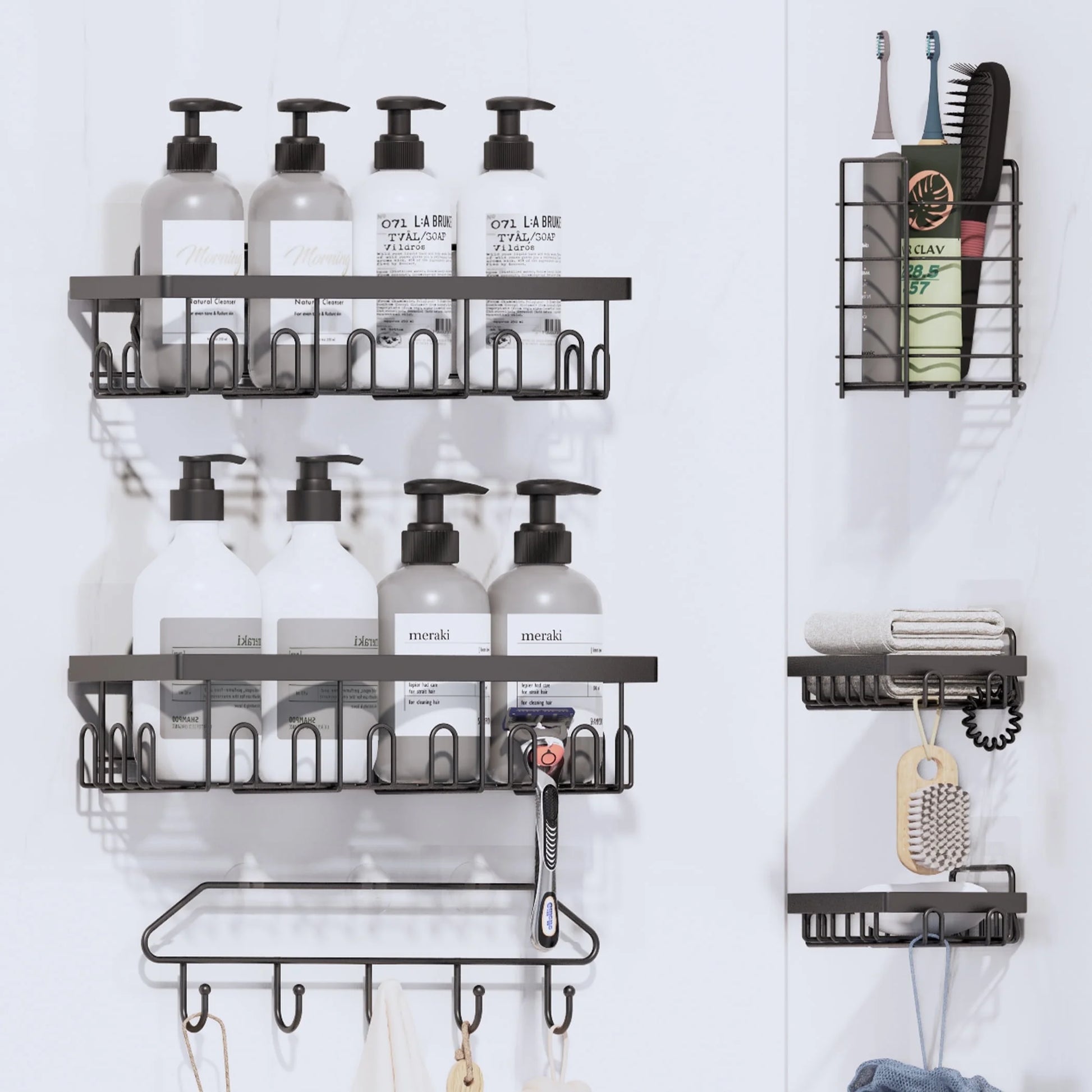 6-Pack Adhesive Shower Caddy - No-Drill Wall Mounted Organizer with Soap Holder, Large Capacity for Bathroom & Kitchen Storage - Sleek Black Design