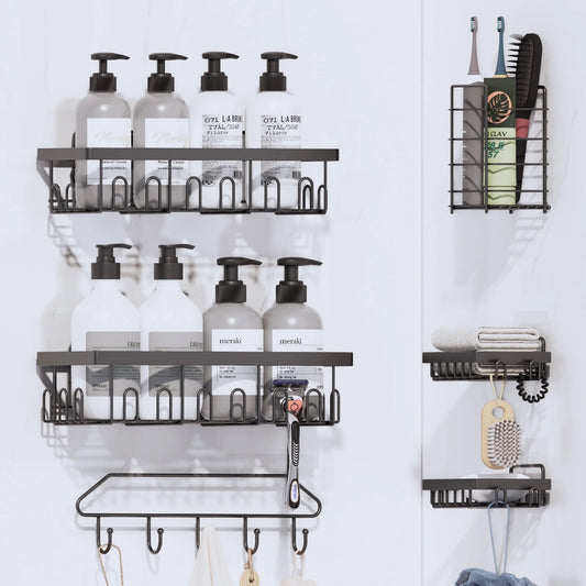 6-Pack Adhesive Shower Caddy - No-Drill Wall Mounted Organizer with Soap Holder, Large Capacity for Bathroom & Kitchen Storage - Sleek Black Design