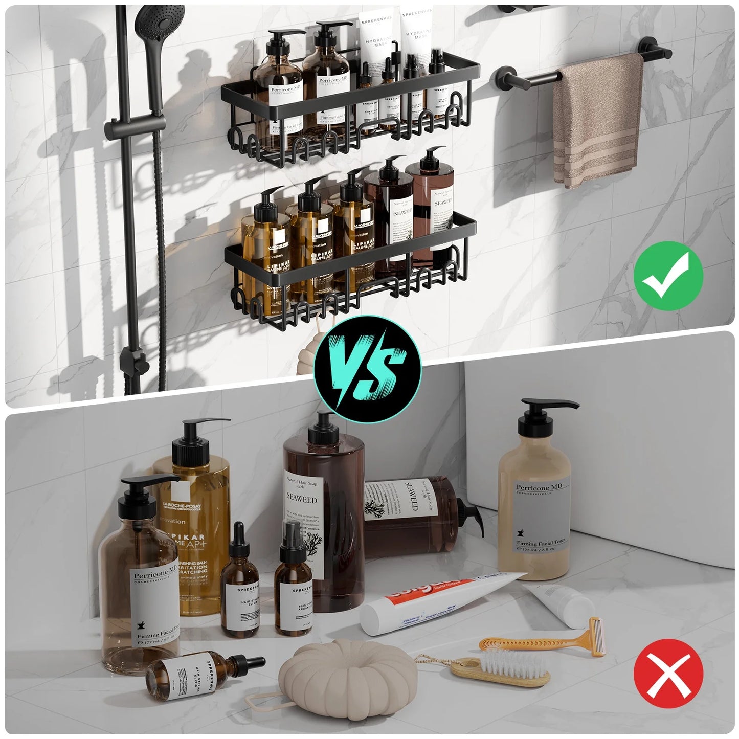 6-Pack Rustproof Waterproof Shower Caddy - No Drill Adhesive Wall Shelves for Heavyweight Storage in Bathroom, Home & Kitchen