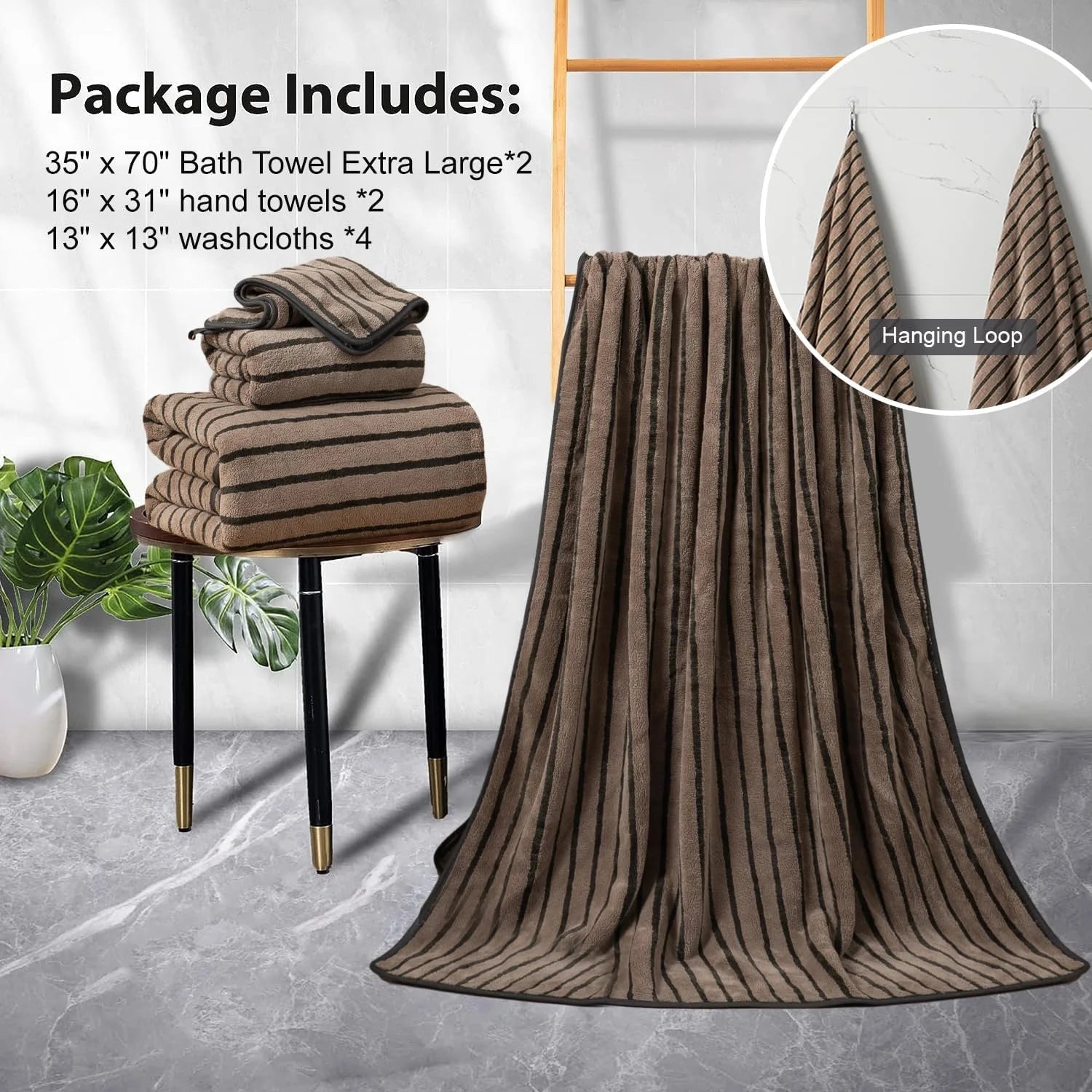 Luxurious  8-Piece Dark Brown Bicolor Stripe Bath Towel Set - Includes Oversized Towels, Hand Towels, and Washcloths
