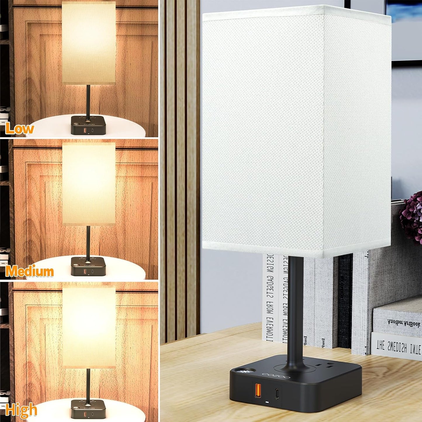 Dimmable USB Table Lamp with 2 Charging Ports & Outlets - Stylish White Fabric Shade for Bedroom, Living Room, Dorm & Home Office