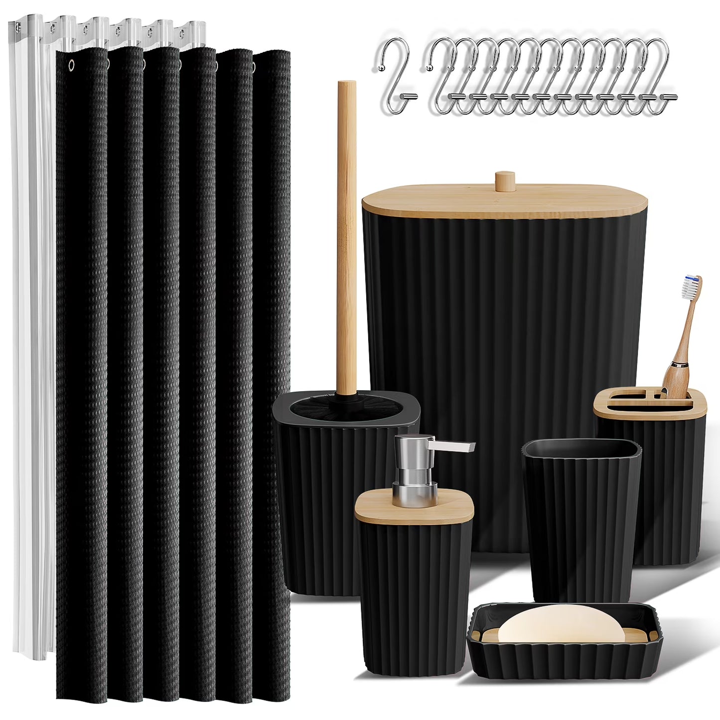 Elevate Your Bathroom with  20-Piece Black Bamboo Accessory Set & Stylish Shower Curtain