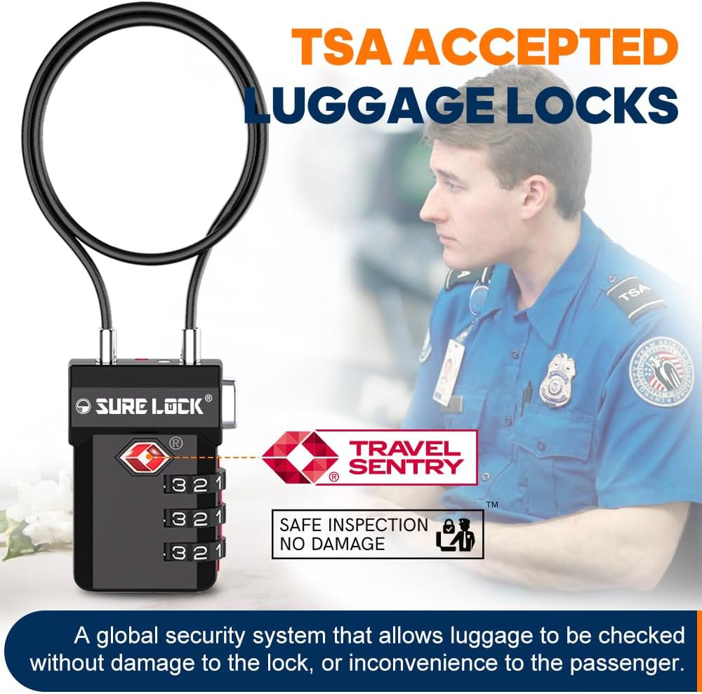 TSA Approved 3-Digit Combination Cable Luggage Locks - Easy-Press Button & Large Dial for Suitcases and Backpacks - Multi-Pack with Color Choices!