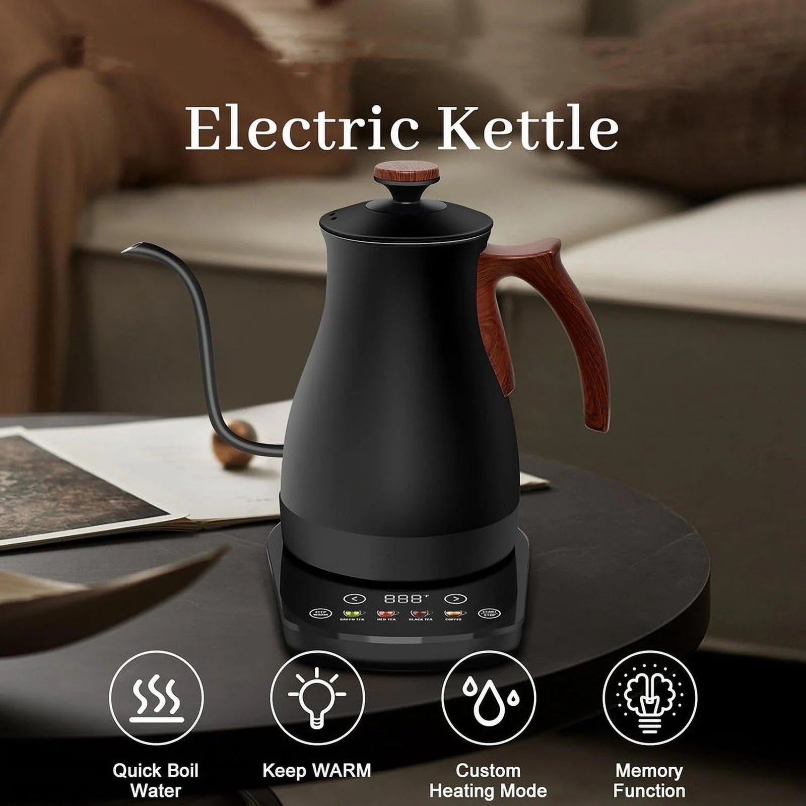 Precision Gooseneck Electric Kettle with ±1℉ Temperature Control - Perfect for Tea & Coffee Brewing, 1200W, 1L Capacity, Four Heating Modes