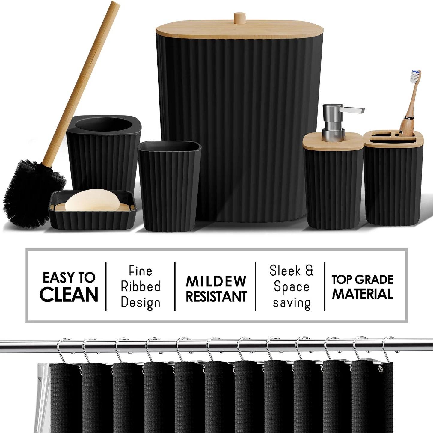 Elevate Your Bathroom with  20-Piece Black Bamboo Accessory Set & Stylish Shower Curtain