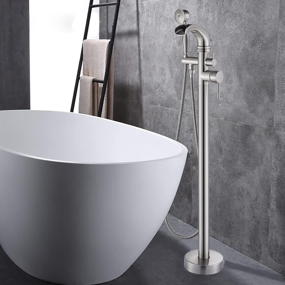 Stylish Freestanding Tub Filler with Waterfall Design & Handheld Sprayer - Stainless Steel Bathtub Faucet Set