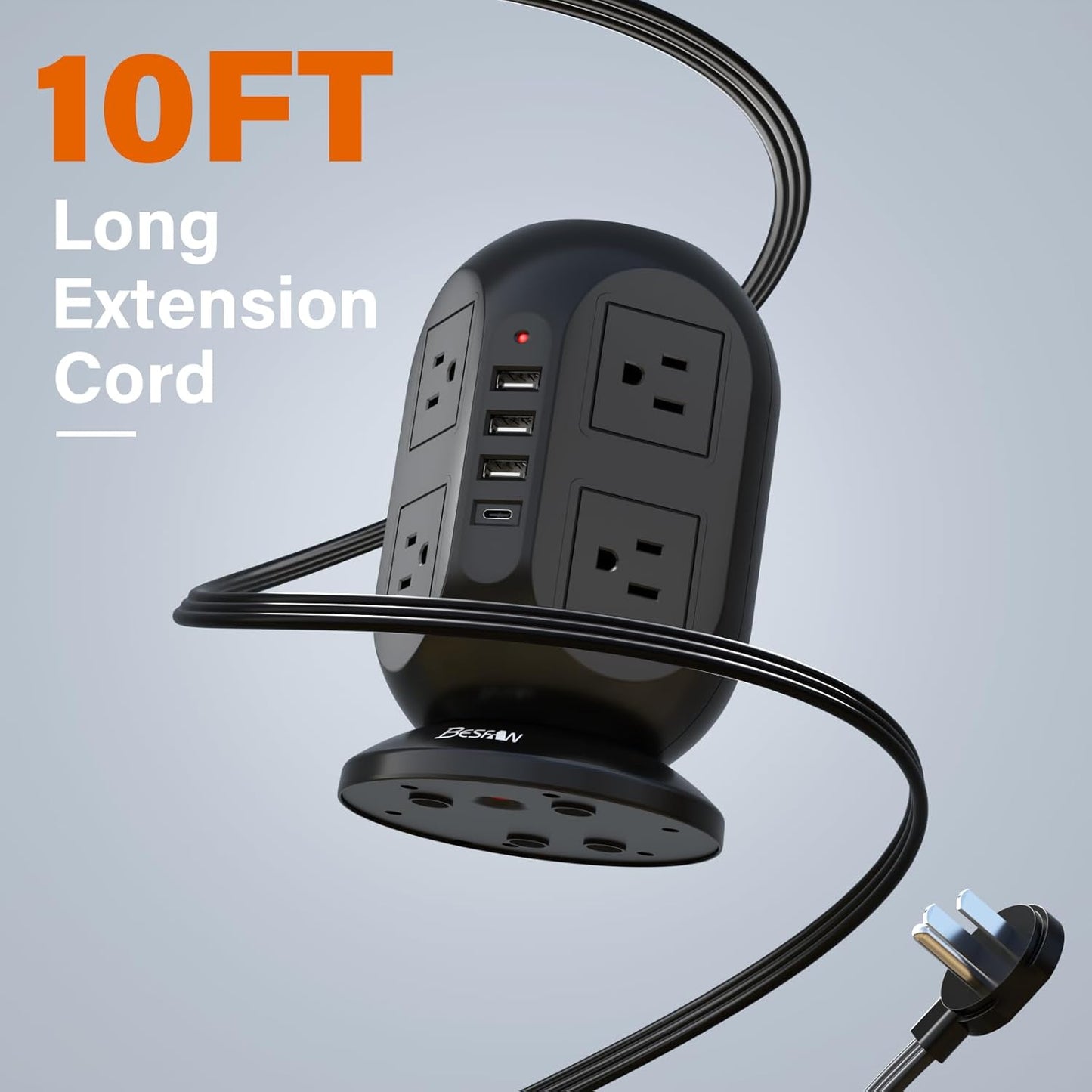 8-Outlet Surge Protector Power Strip Tower with 4 USB Ports (1 USB-C) and 10 Ft Flat Extension Cord - Ultimate Charging Station for Home, Office, and Dorm Essentials - Black