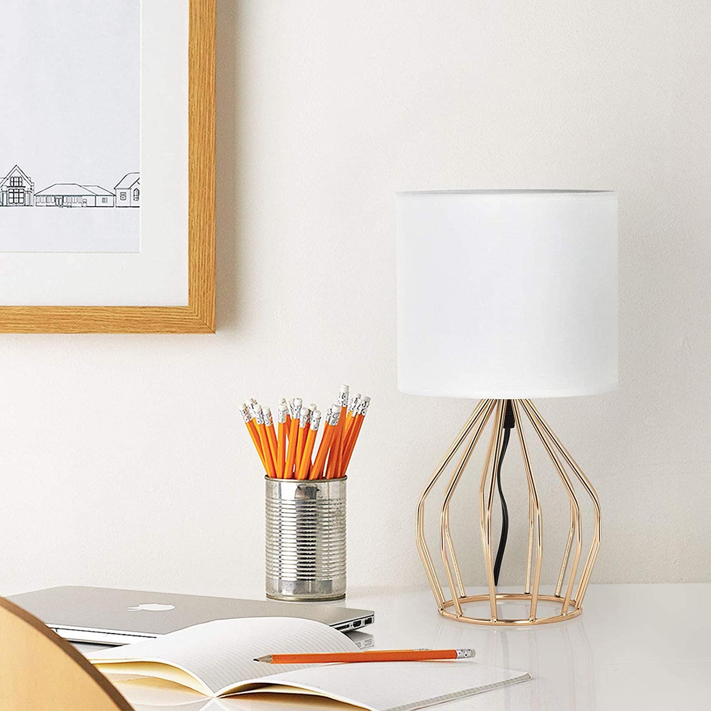 Modern Gold Table Lamp - Stylish Hollow Base with Linen Shade, Perfect Small Bedside Lamp for Bedrooms and Living Rooms