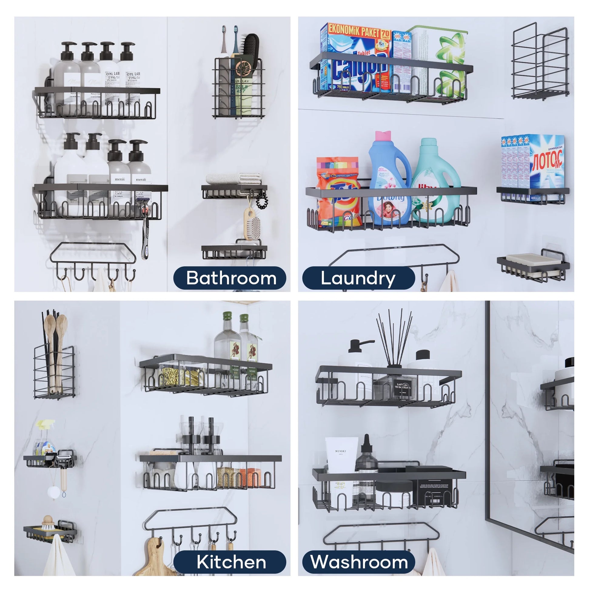 6-Pack Adhesive Shower Caddy - No-Drill Wall Mounted Organizer with Soap Holder, Large Capacity for Bathroom & Kitchen Storage - Sleek Black Design