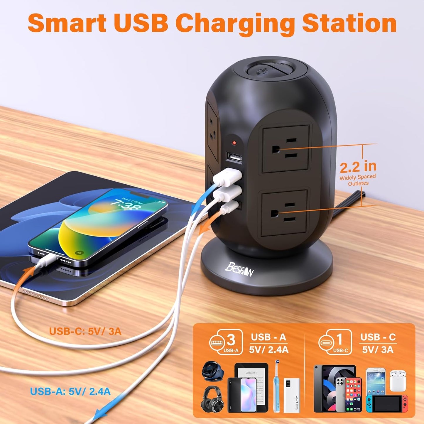 8-Outlet Surge Protector Power Strip Tower with 4 USB Ports (1 USB-C) and 10 Ft Flat Extension Cord - Ultimate Charging Station for Home, Office, and Dorm Essentials - Black