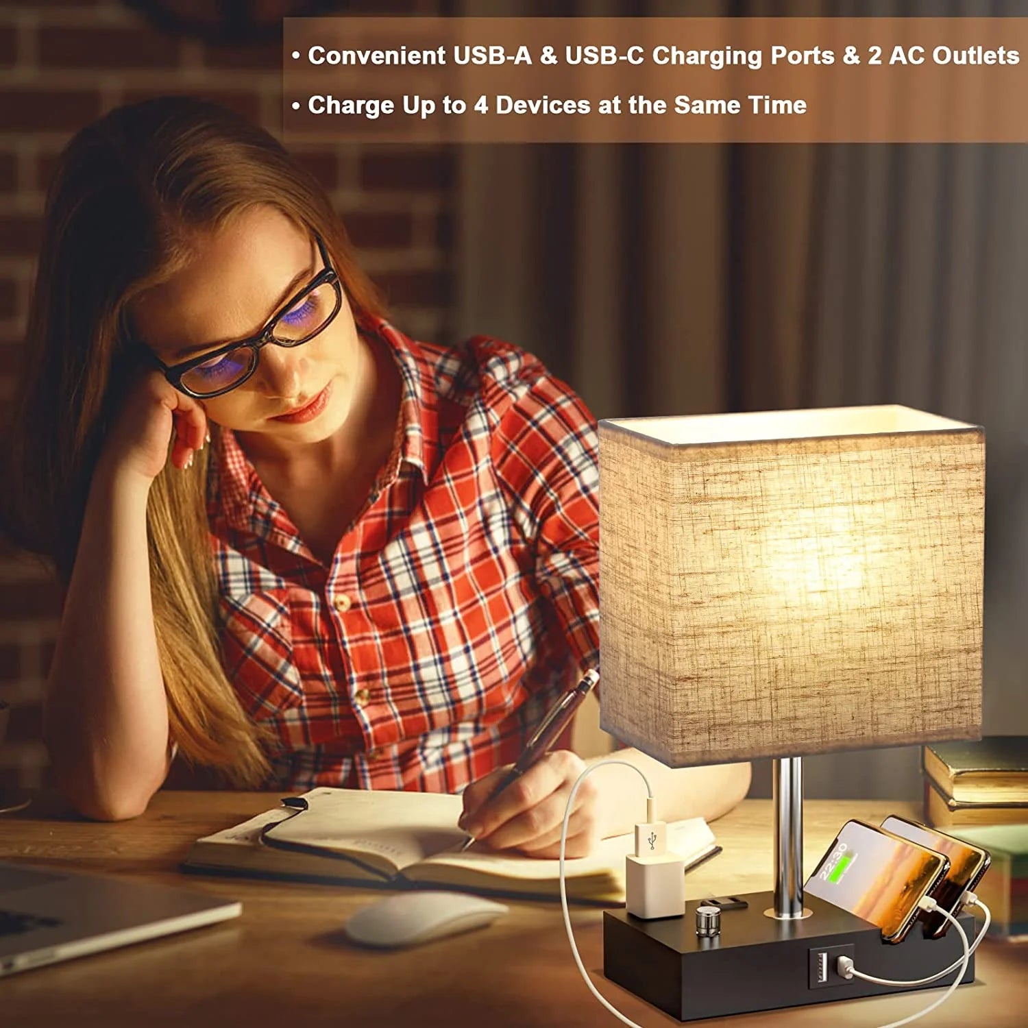 Stylish  Bedside Table Lamp with Dual Fast USB Charging, Fully Dimmable, 2 Phone Stands & Outlets - Perfect for Bedrooms & Living Rooms