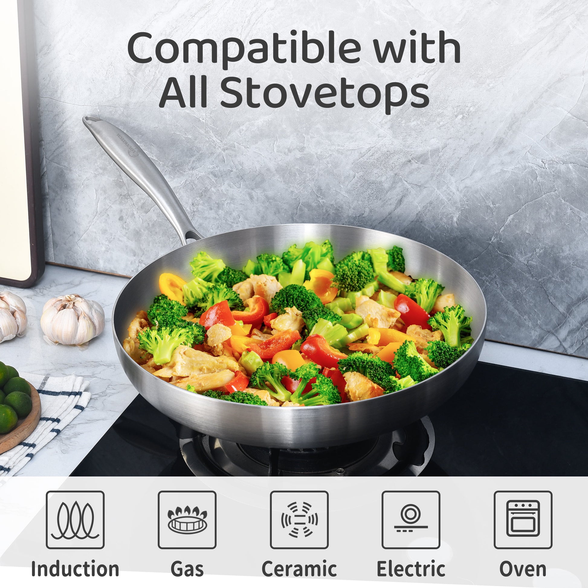 Premium  12-Inch Stainless Steel Frying Pan with Lid - Induction Compatible, Dishwasher & Oven Safe, Detachable Handle