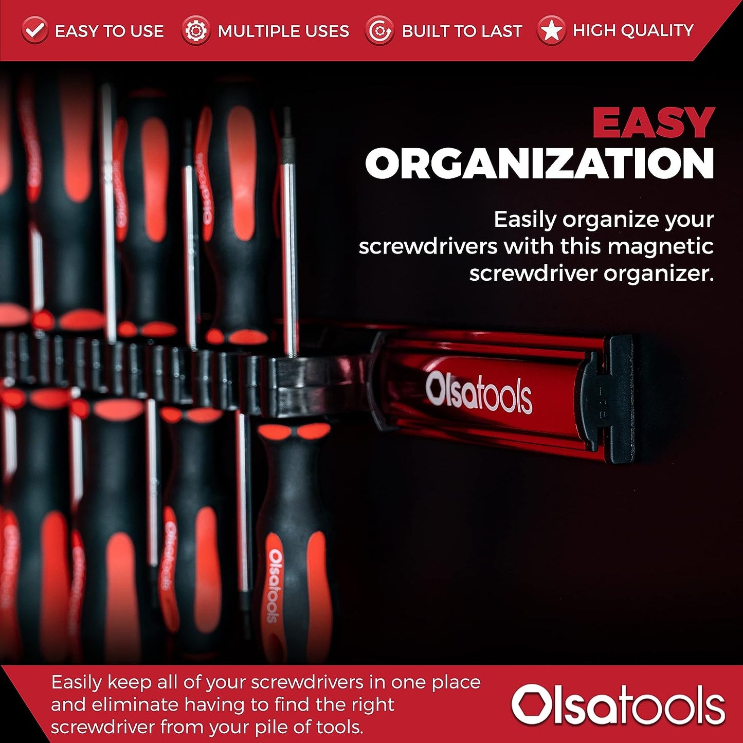 Magnetic Screwdriver Organizer - Professional Tool Holder with Strong Magnets & Foam Backing - Holds 16 Screwdrivers - Red - Part 1008