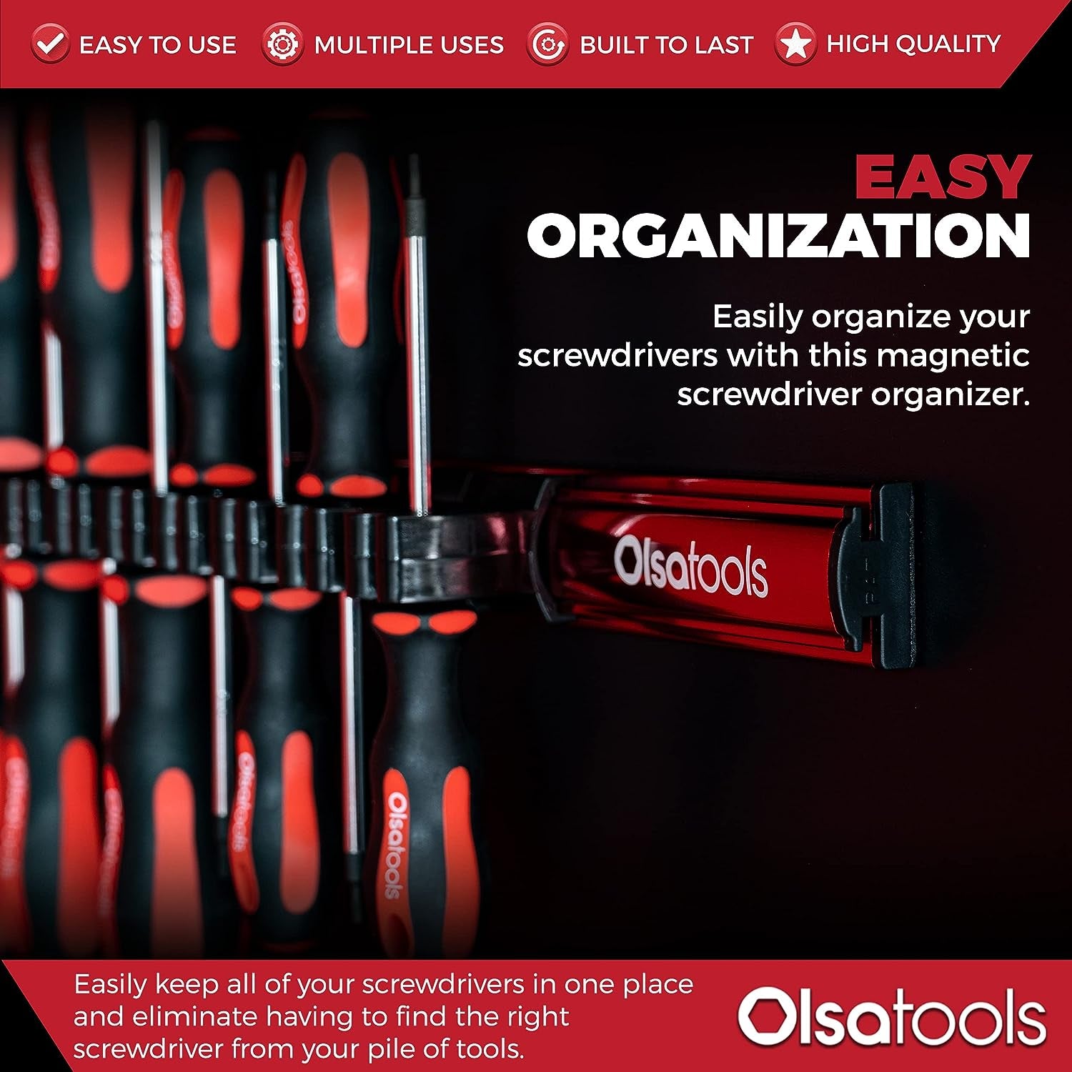 Magnetic Screwdriver Organizer - Professional Tool Holder with Strong Magnets & Foam Backing - Holds 16 Screwdrivers - Red - Part 1008