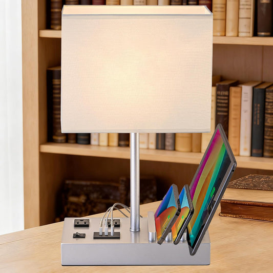 Modern  Bedside Table Lamp with 3 USB Ports, 2 AC Outlets & 3 Phone Stands - Stylish Silver Wooden Base