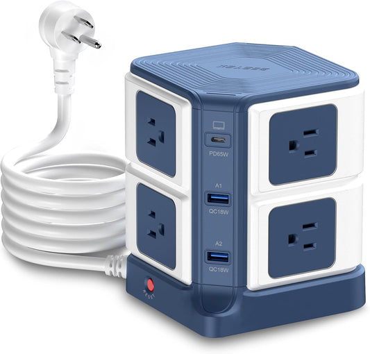 65W Power Strip Tower - 8 Outlets & 2 USB Ports, Surge Protector with 4.9Ft Heavy-Duty Cord for Home Office Charging