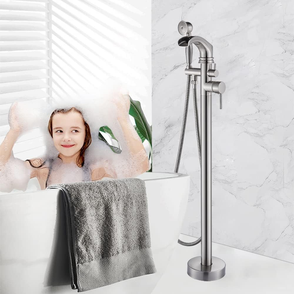 Stylish Freestanding Tub Filler with Waterfall Design & Handheld Sprayer - Stainless Steel Bathtub Faucet Set