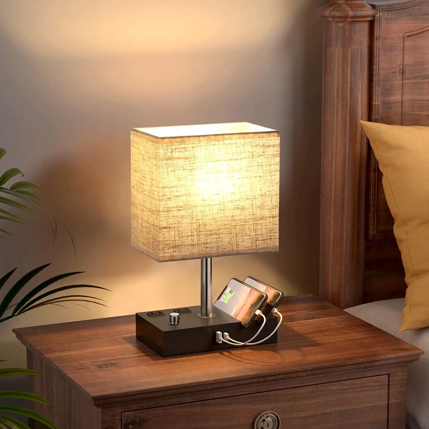 Stylish  Bedside Table Lamp with Dual Fast USB Charging, Fully Dimmable, 2 Phone Stands & Outlets - Perfect for Bedrooms & Living Rooms