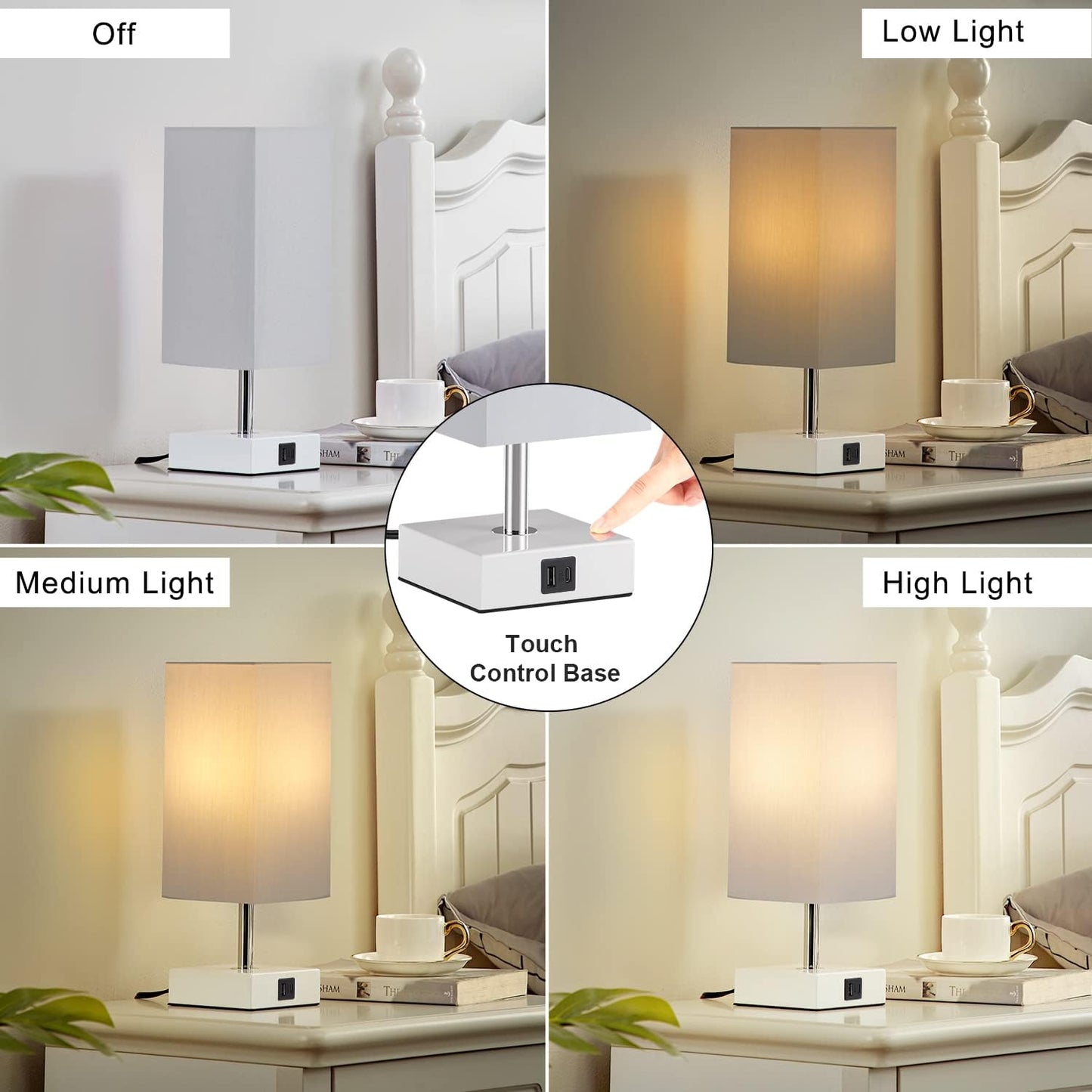3-Way Touch Table Lamp with USB Ports - Stylish Grey Nightstand & Desk Lamp, LED Bulb Included