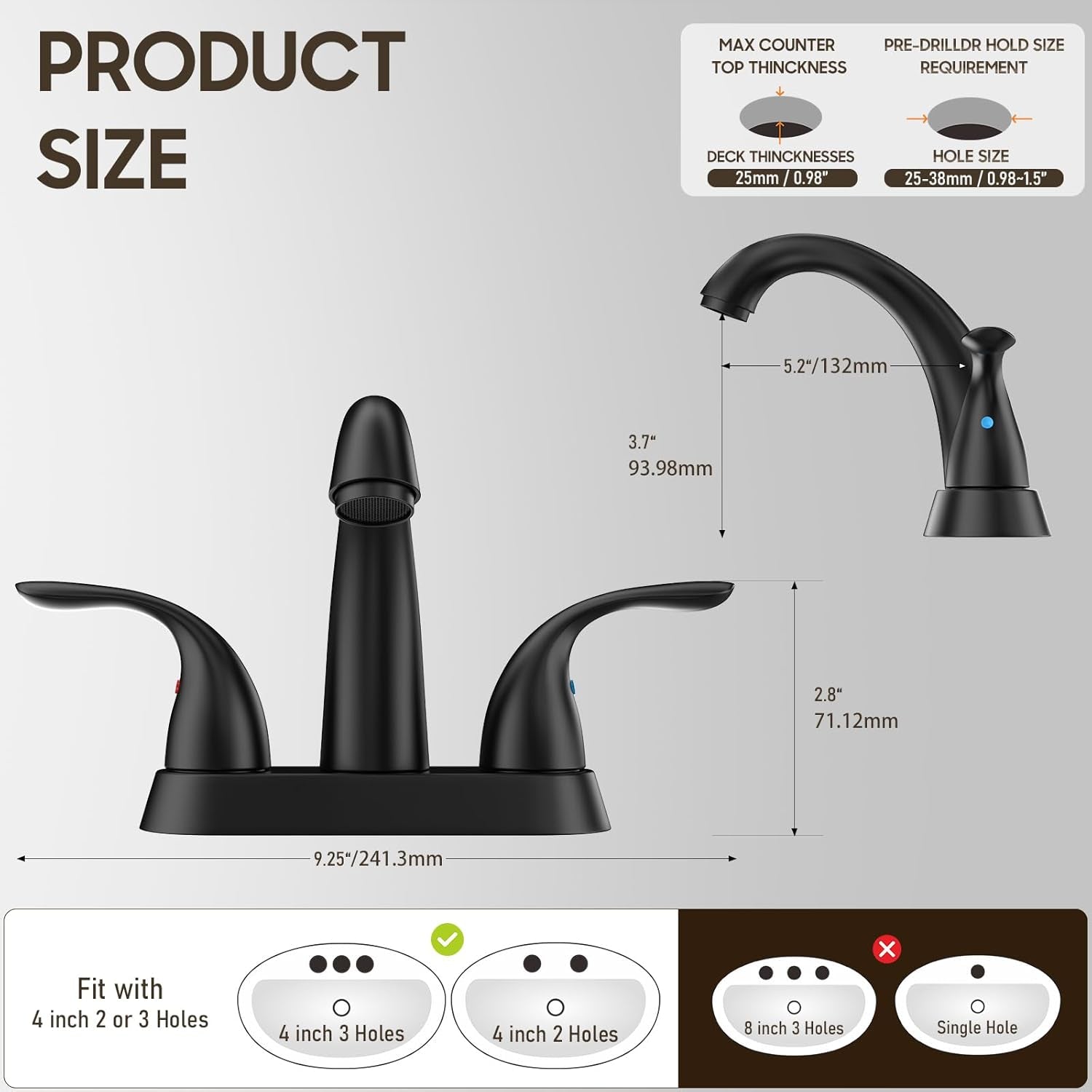 Matte Black Centerset Bathroom Sink Faucet with Copper Pop-Up Drain & Water Supply Lines - 2 or 3 Hole Installation, Lead-Free Design