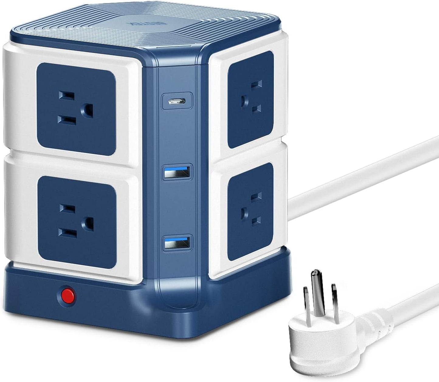 65W Power Strip Tower - 8 Outlets & 2 USB Ports, Surge Protector with 4.9Ft Heavy-Duty Cord for Home Office Charging