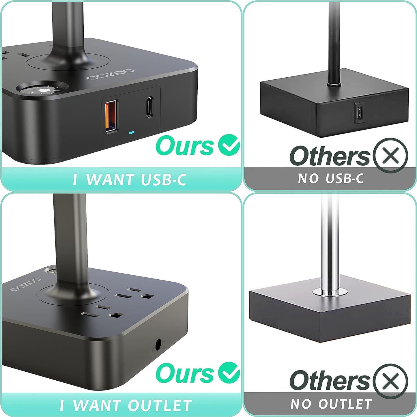 Dimmable USB Table Lamp with 2 Charging Ports & Outlets - Stylish White Fabric Shade for Bedroom, Living Room, Dorm & Home Office