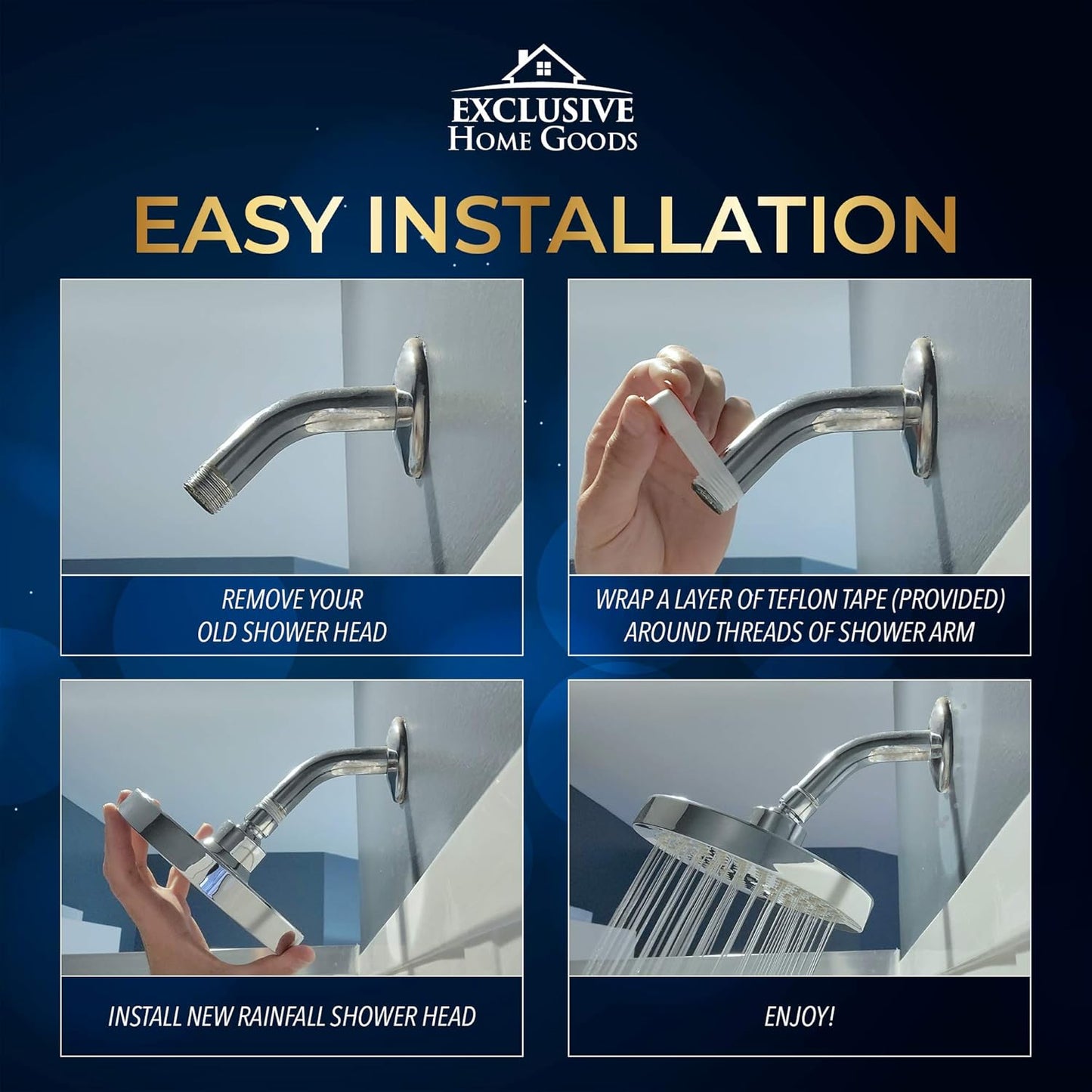 High Pressure Rainfall Shower Head - 6" Matte Black with Anti-Clog Jets & 360° Rotation - Rustproof & Adjustable for Ultimate Shower Experience