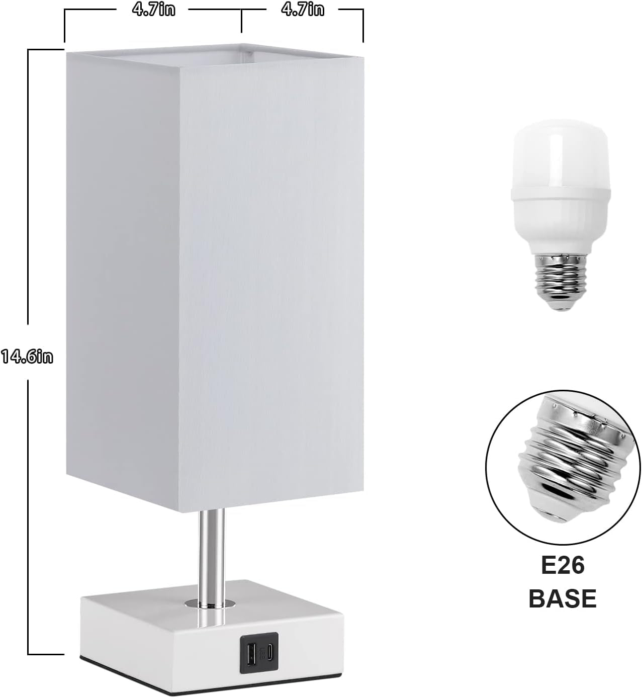 3-Way Touch Table Lamp with USB Ports - Stylish Grey Nightstand & Desk Lamp, LED Bulb Included