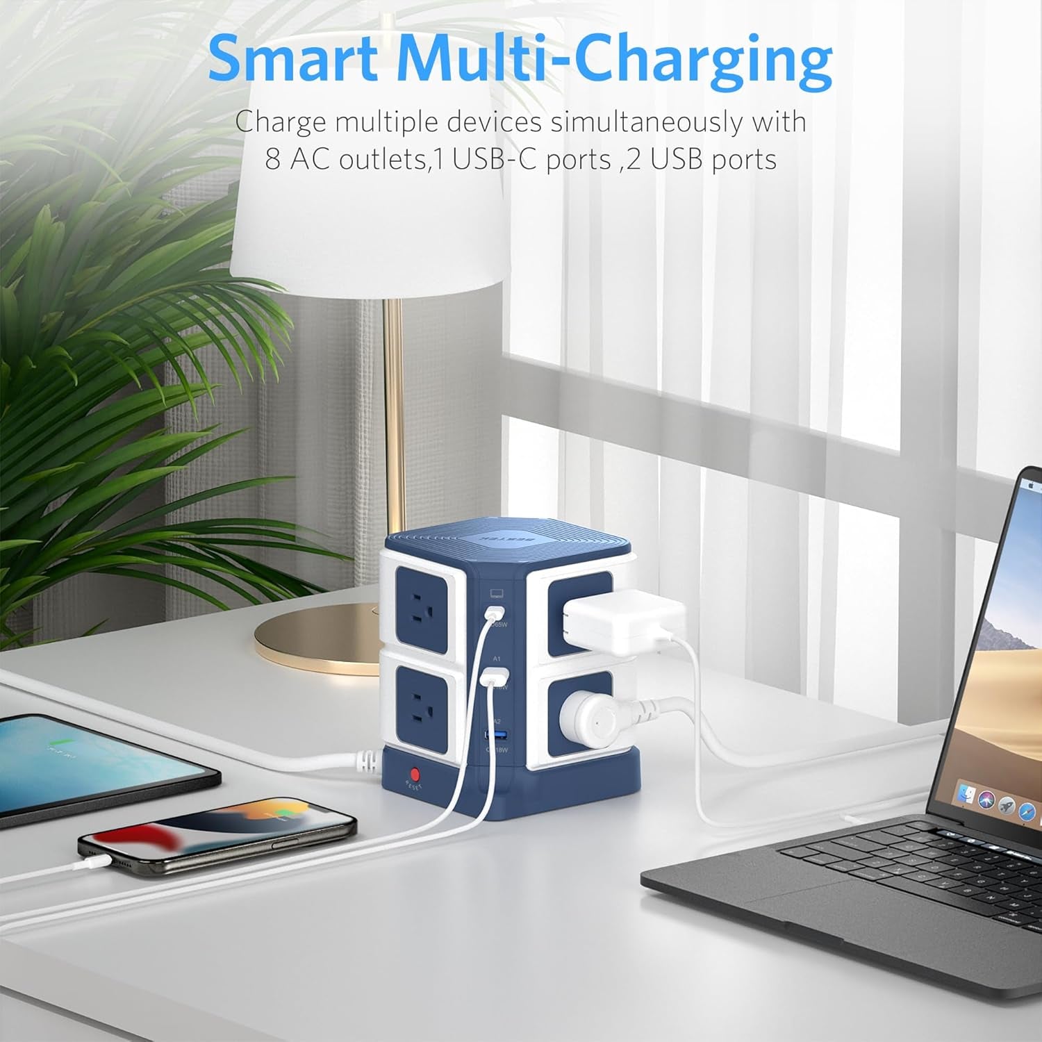 65W Power Strip Tower - 8 Outlets & 2 USB Ports, Surge Protector with 4.9Ft Heavy-Duty Cord for Home Office Charging