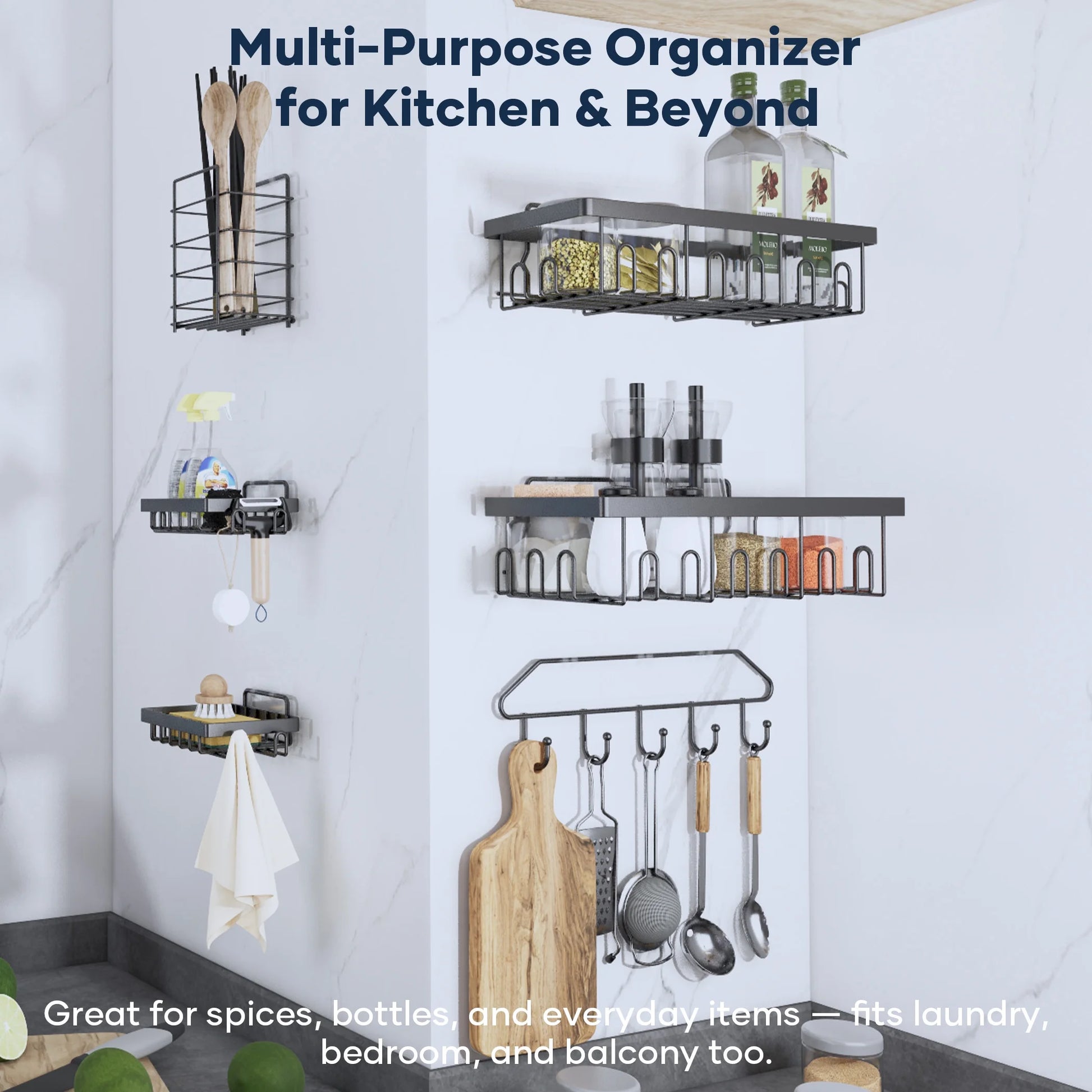 6-Pack Adhesive Shower Caddy - No-Drill Wall Mounted Organizer with Soap Holder, Large Capacity for Bathroom & Kitchen Storage - Sleek Black Design