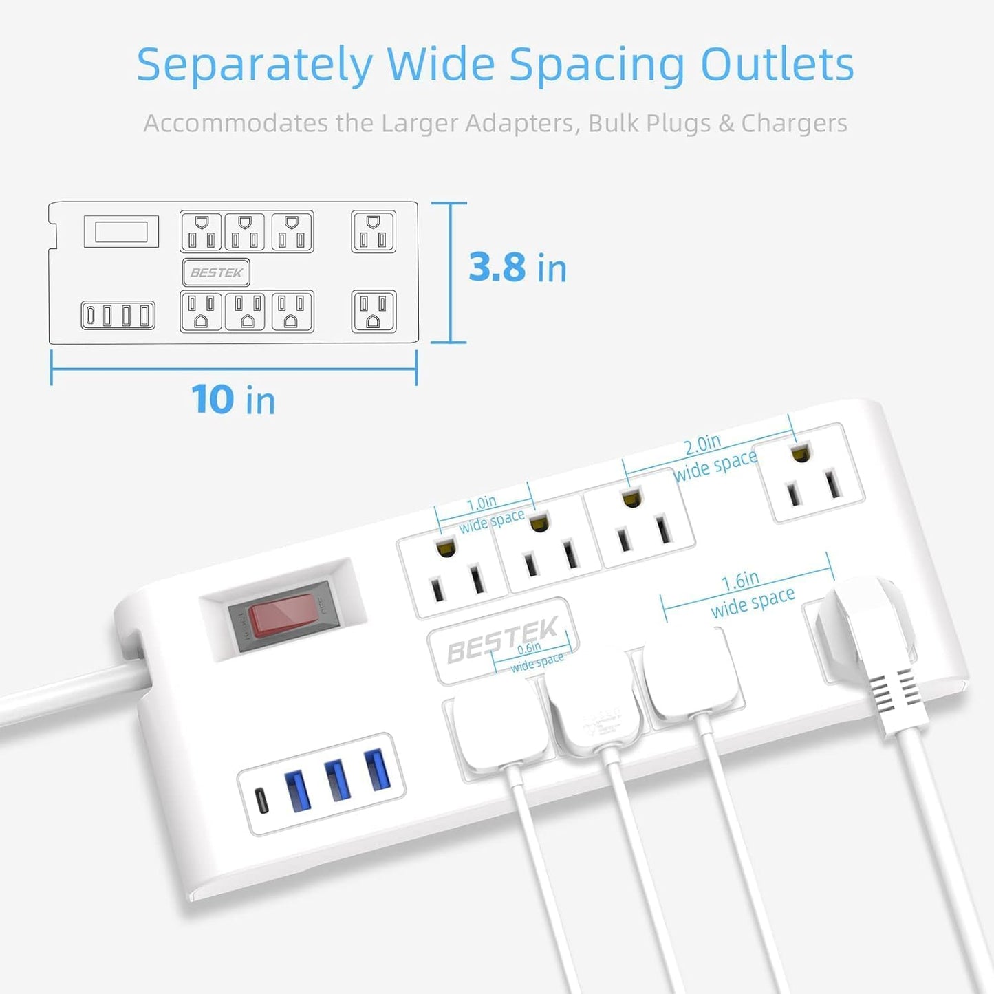 8-Outlet Power Strip with 5ft Extension Cord, 3 USB-A & 1 USB-C Ports, 1625W Max Output, Compact Design for Large Plugs