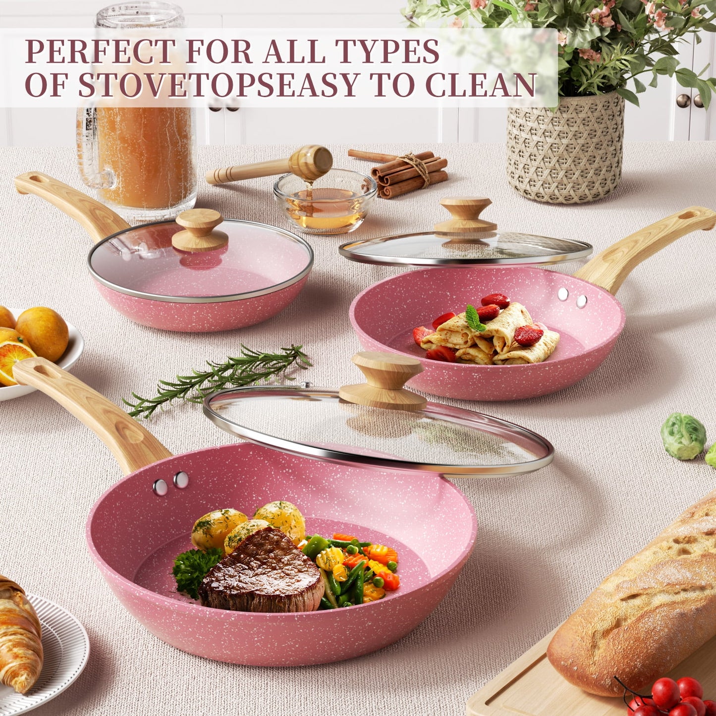 Stylish  6-Piece Nonstick Frying Pan Set in Pink - Includes 8", 9.5", and 11" Pans with Lids