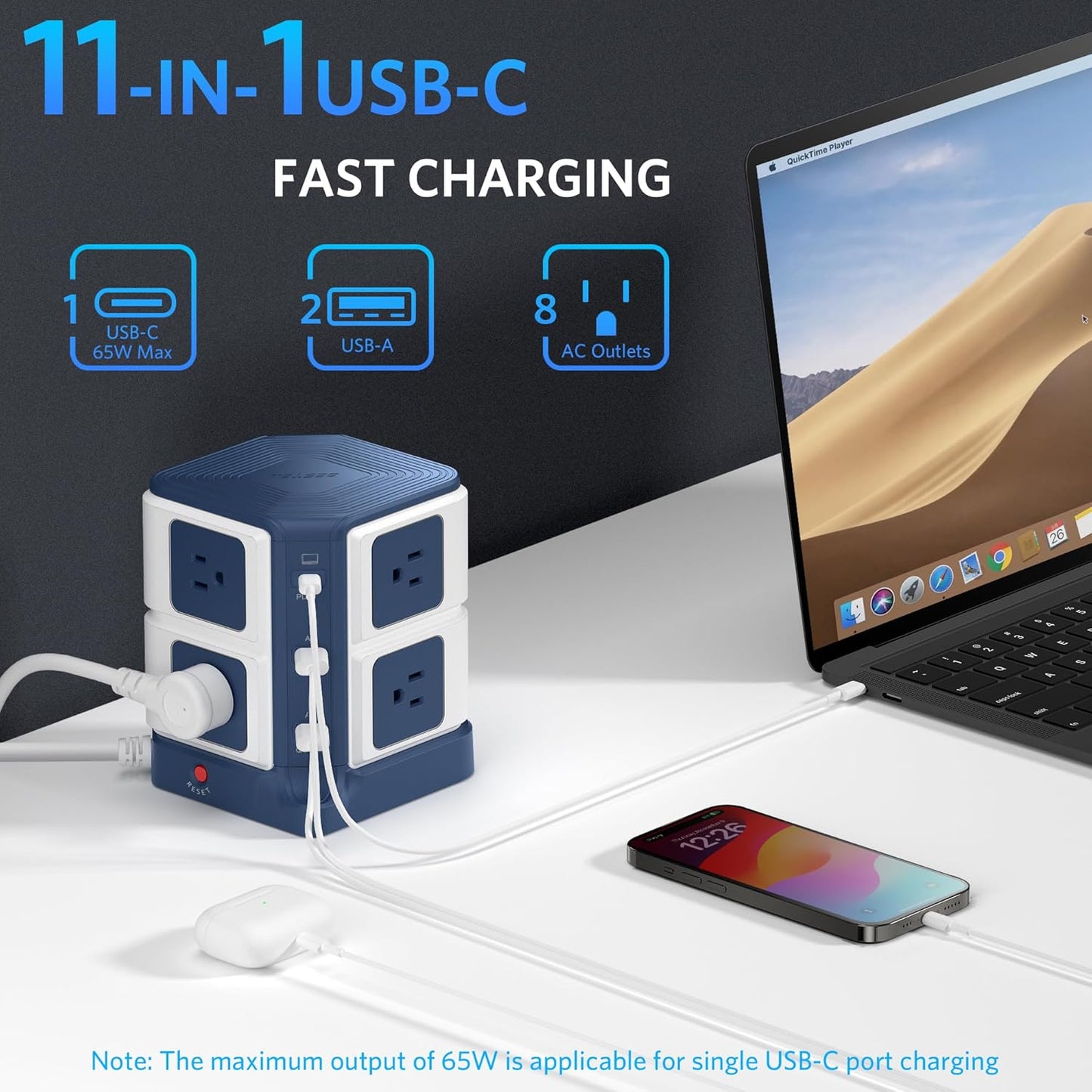 65W Power Strip Tower - 8 Outlets & 2 USB Ports, Surge Protector with 4.9Ft Heavy-Duty Cord for Home Office Charging