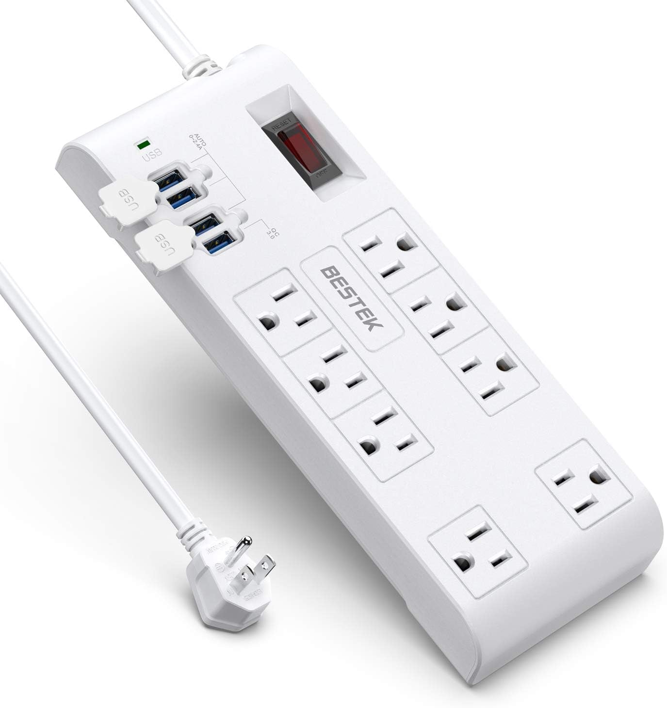 8-Outlet Power Strip with 5ft Extension Cord, 3 USB-A & 1 USB-C Ports, 1625W Max Output, Compact Design for Large Plugs