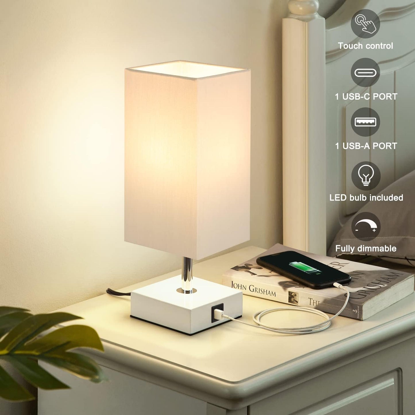 3-Way Touch Table Lamp with USB Ports - Stylish Grey Nightstand & Desk Lamp, LED Bulb Included