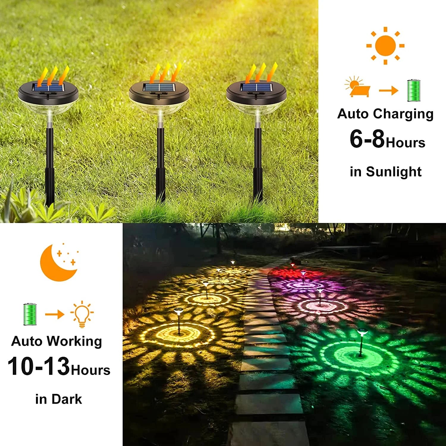 6-Pack Outdoor Solar Pathway Lights - Dual Mode Waterproof LED for Walkway, Yard, Garden, and Patio in White & Multi-Color