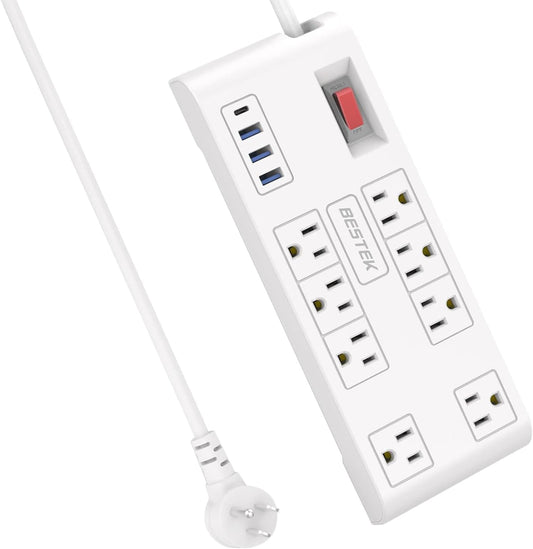 8-Outlet Power Strip with 5ft Extension Cord, 3 USB-A & 1 USB-C Ports, 1625W Max Output, Compact Design for Large Plugs
