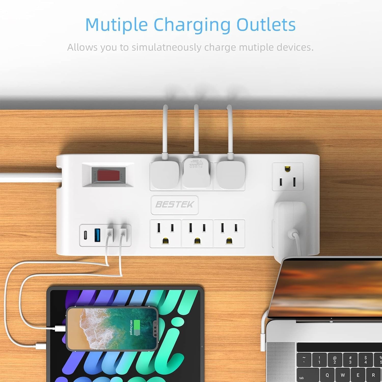 8-Outlet Power Strip with 5ft Extension Cord, 3 USB-A & 1 USB-C Ports, 1625W Max Output, Compact Design for Large Plugs