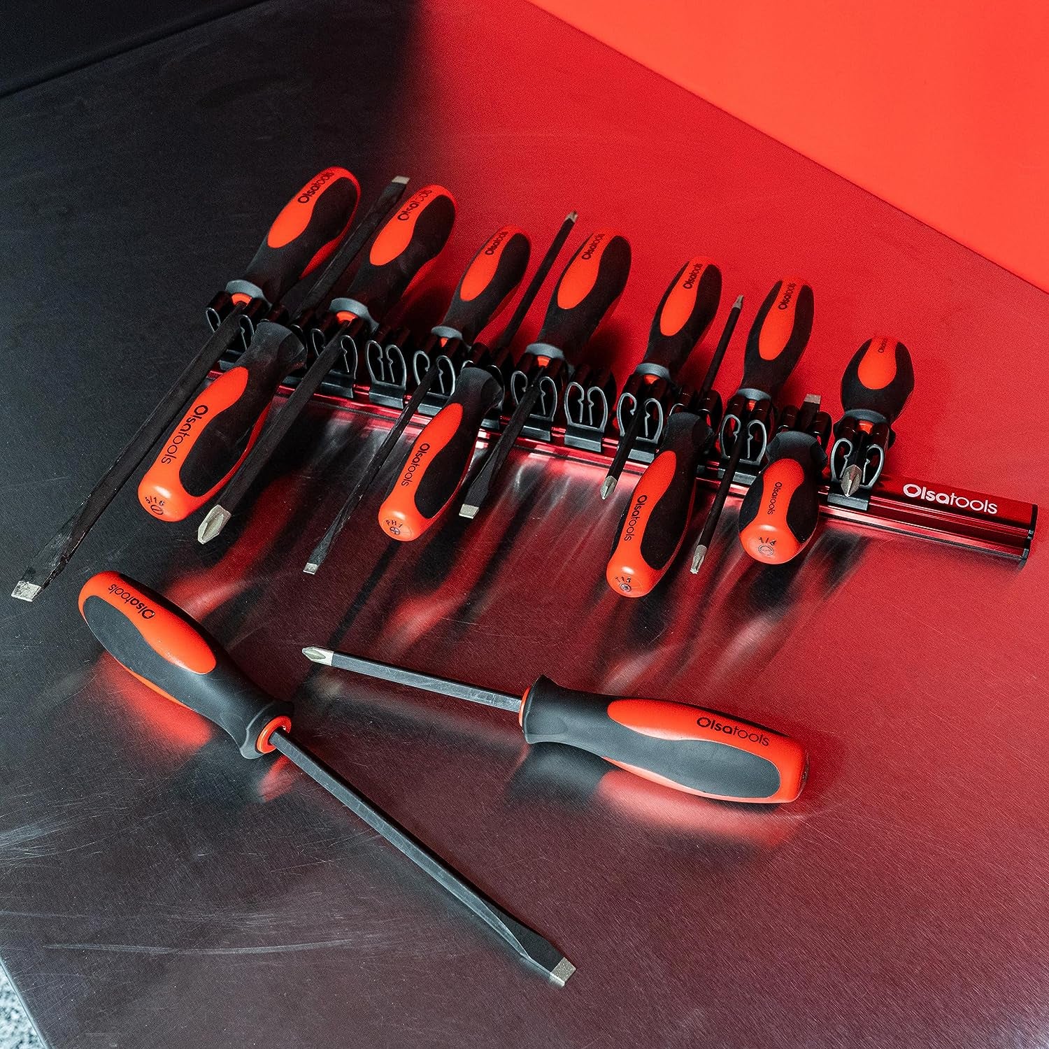 Magnetic Screwdriver Organizer - Professional Tool Holder with Strong Magnets & Foam Backing - Holds 16 Screwdrivers - Red - Part 1008